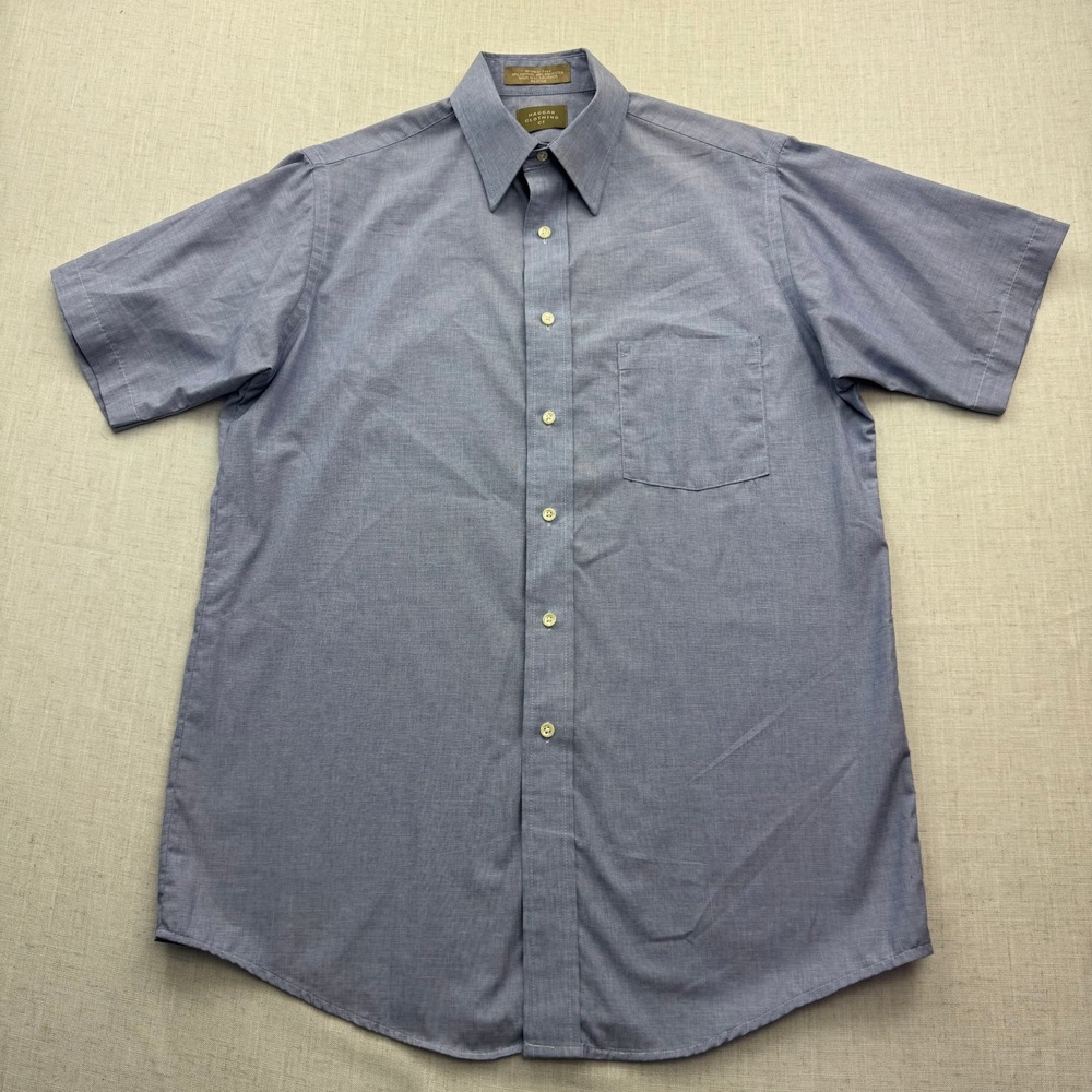 Haggar Button Down Shirt Men 15 Med Blue Short Sleeve Wrinkle Free Office Preppy